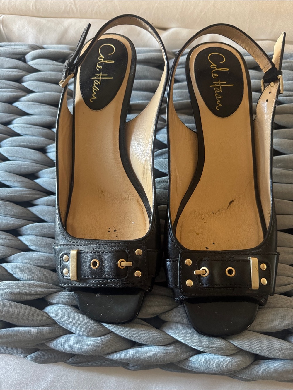 Cole Haan Black Leather Slingback Peep-Toe Mules with Gold Hardware